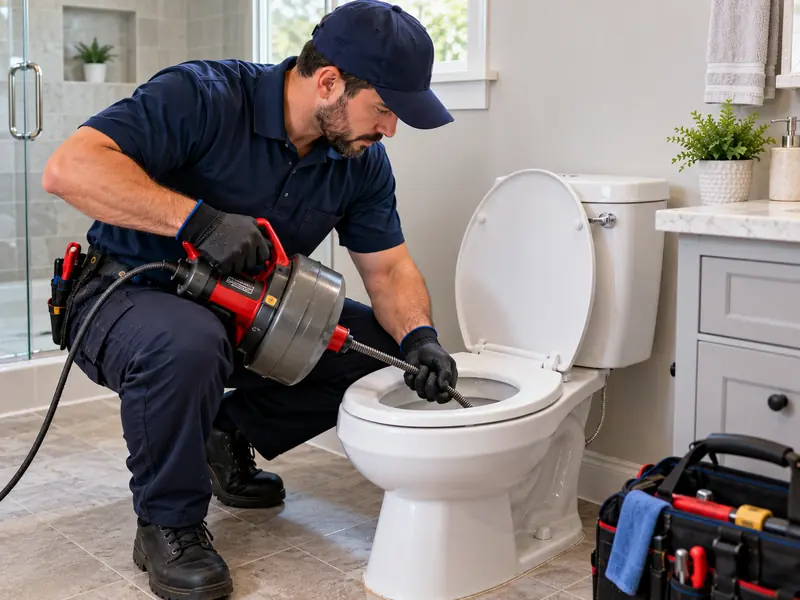 Plumber using a drain auger to clear a clogged toilet