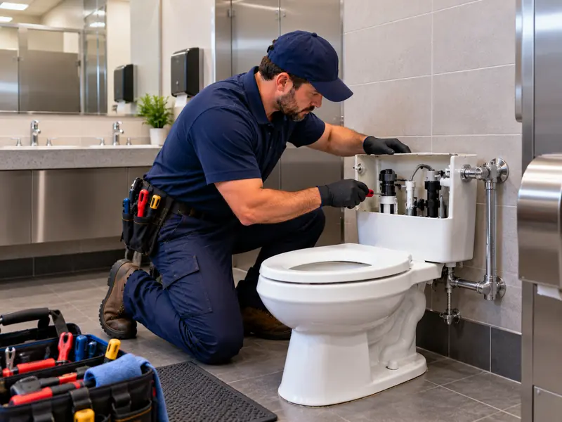 Plumber repairing a toilet in a tiled commercial restroom