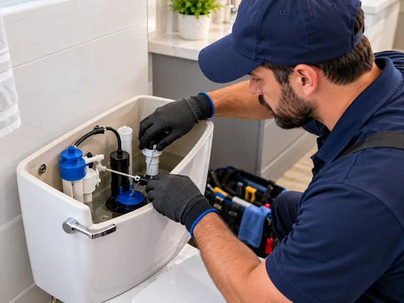 Plumber working on the flapper and chain inside an open toilet tank