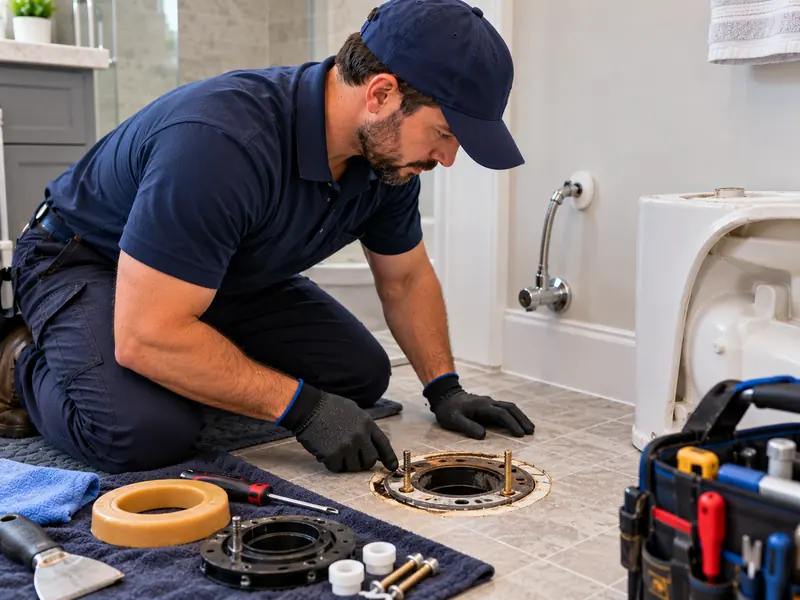 Plumber inspecting a damaged toilet flange in the floor with a new wax ring nearby