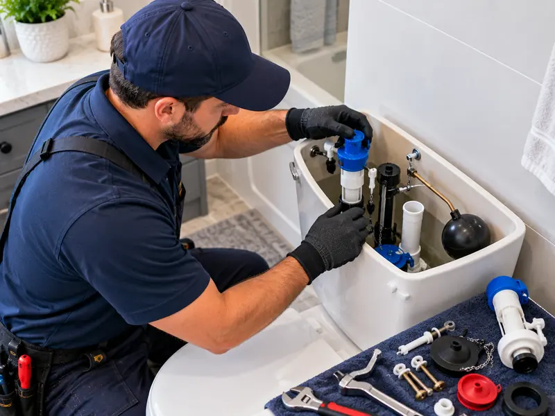 Plumber installing a new fill valve with replacement tank parts laid out on a towel