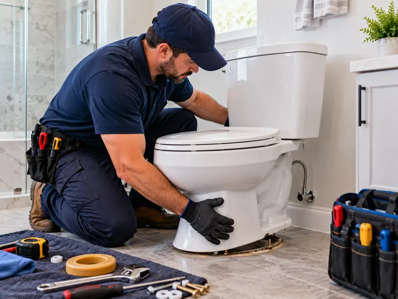Plumber setting a new toilet onto its wax ring in a bright modern bathroom