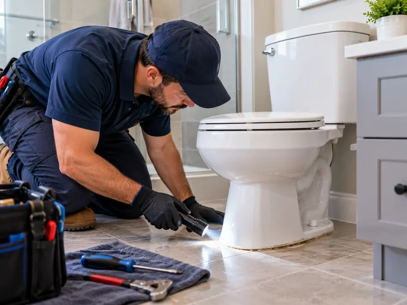 Plumber inspecting the floor around a toilet base with a flashlight