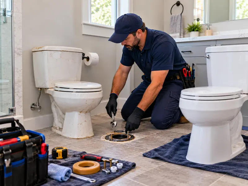 Plumber preparing the floor flange between an old toilet and a new replacement toilet