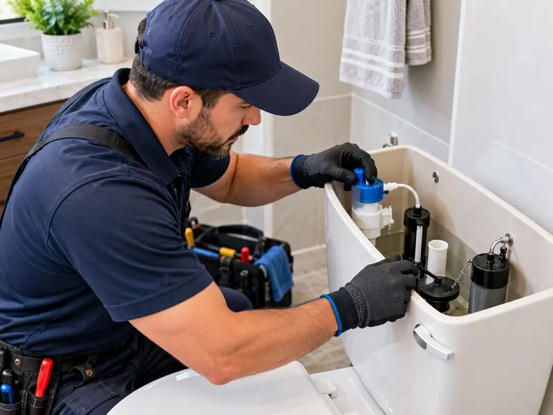 Plumber replacing the fill valve inside a toilet tank in a residential bathroom