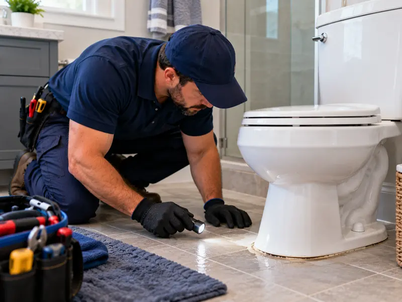 Plumber inspecting a toilet base in a residential bathroom